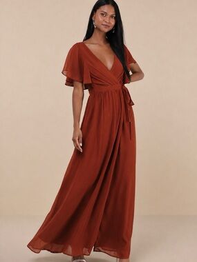 Lulus Convincing Grace Rust Orange Flutter Sleeve Wrap Maxi Dress Size M NWT